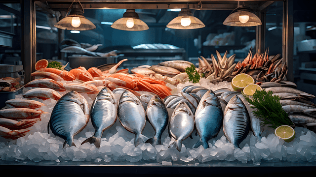 Assortment of fresh seafood on display